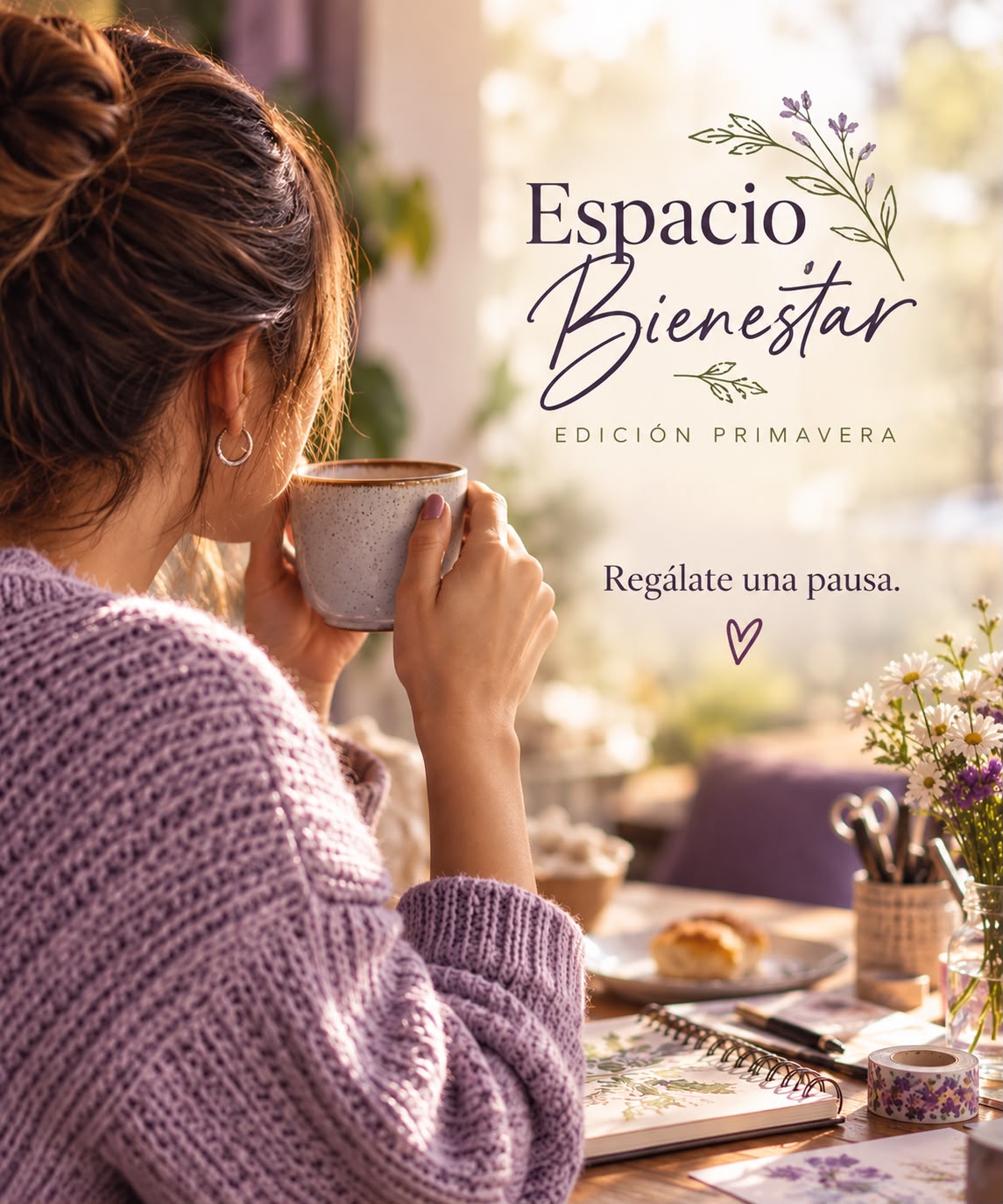 Imagen promocional de Espacio Bienestar, Edición Primavera: una mujer sostiene una taza junto a materiales creativos. Incluye la frase «Regálate una pausa».