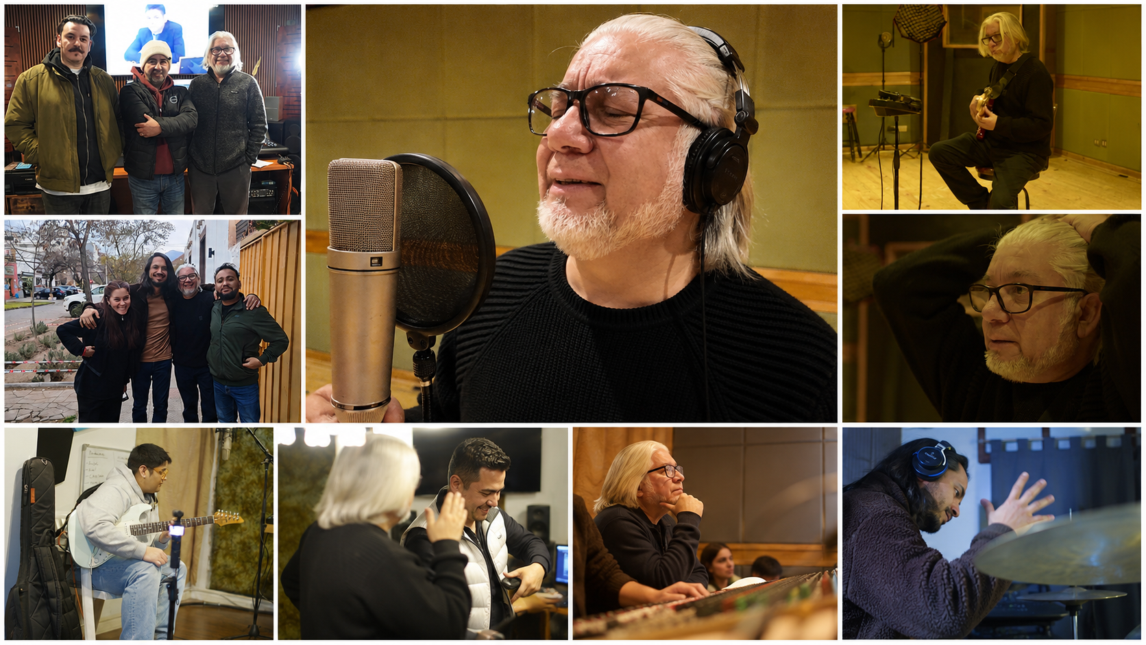 Miguel Rivera junto a músicos y colaboradores durante el proceso de producción de “612”, primer adelanto de su cuarta producción discográfica. Fotografías: gentileza de Miguel Rivera.