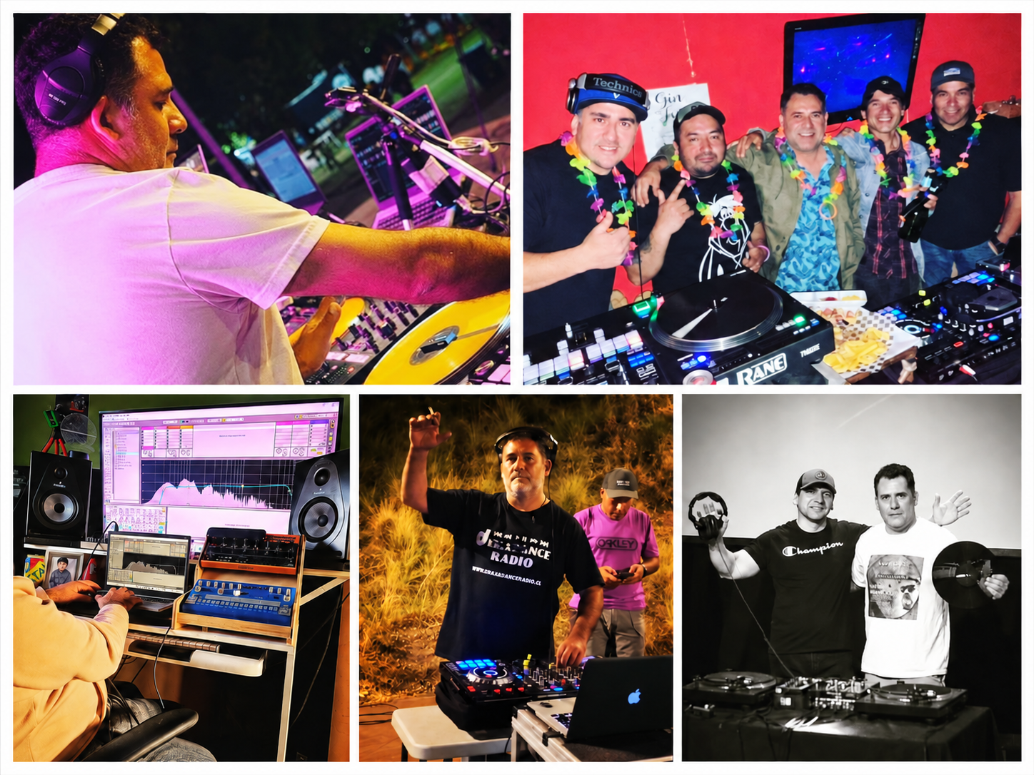 Collage de cinco fotografías de Henry Riquelme: mezclando vinilos en Nacimiento Suena Fuerte, junto a otros DJs, trabajando en su estudio, en el Festival de los Tres Ríos y con DJ Shimpy.