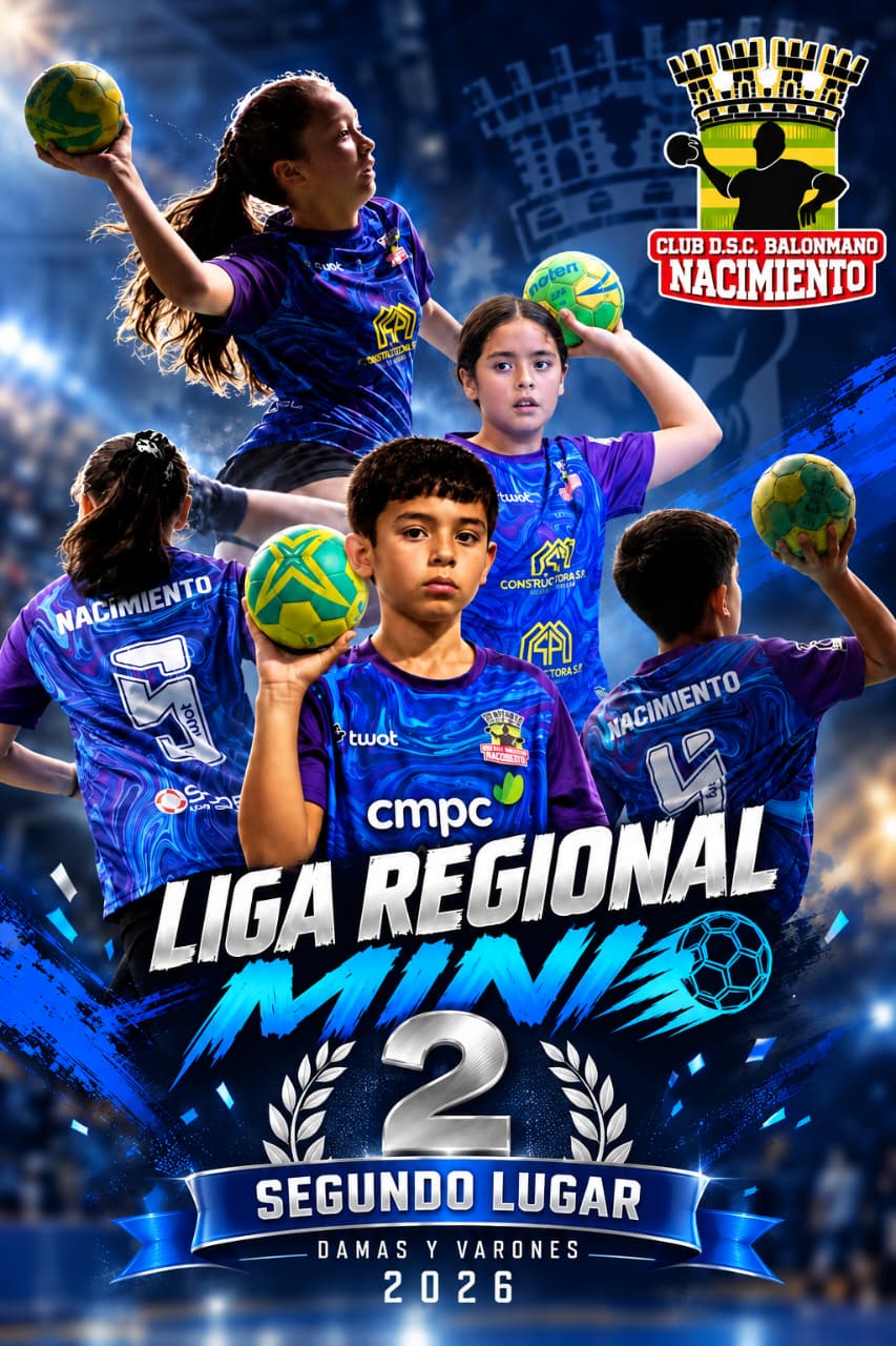 Gráfica de Balonmano Nacimiento que destaca el segundo lugar de Mini Damas y Mini Varones en la Liga Regional 2026.