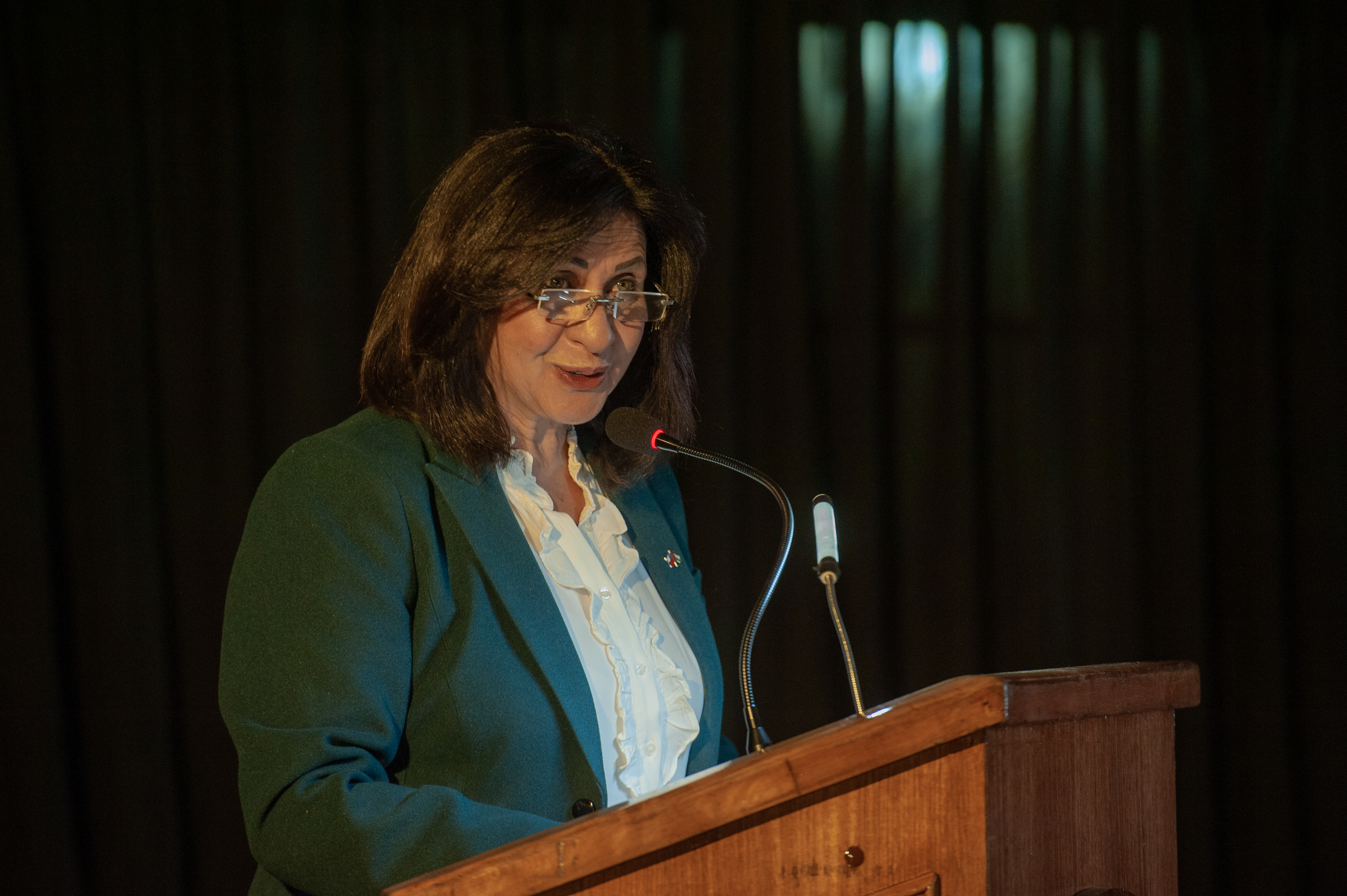 Vera Baboun, embajadora del Estado de Palestina en Chile, interviene desde el podio durante la inauguración del museo.